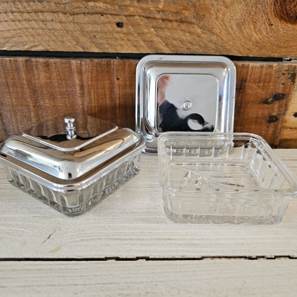 Vintage molded glass relish dishes w/ stainless lids set of 2